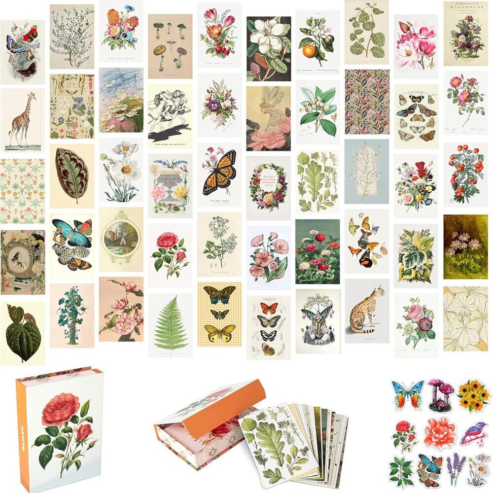 Vintage Decor Wall Collage Kit, Botanical Wall Collage Cards, Vintage Wall Decor